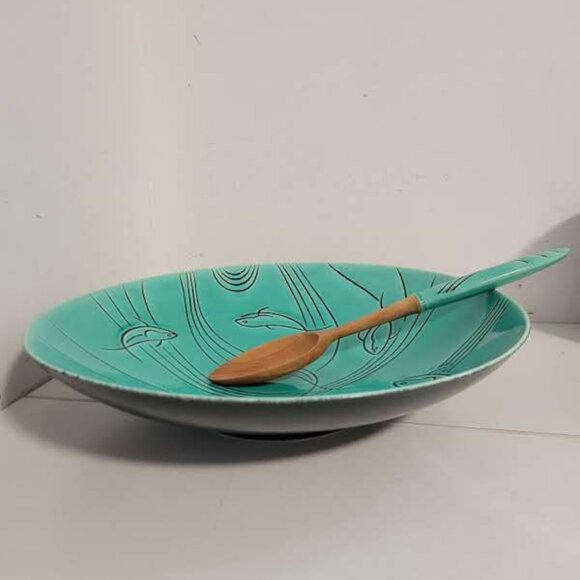Roselane Pottery 14" Aqua Black Fish Ceramic Bowl With Matching Spoon - Picture 3 of 5